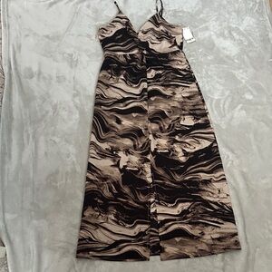 Bar III Marble Black and Brown Front Slit Knot Detail V Neck Midi Dress, New